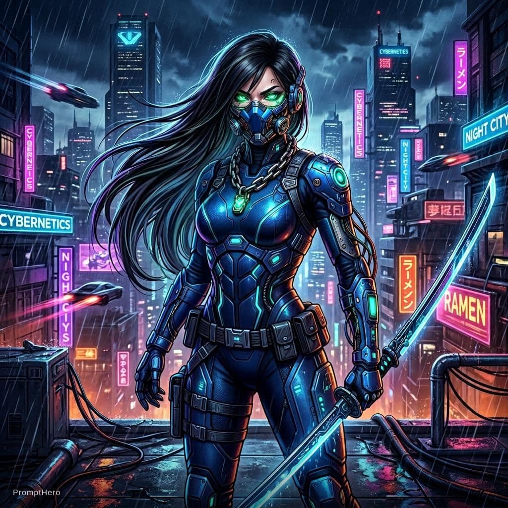AI generated: A captivating piece of digital art depicts a fierce female protagonist who embodies the cyberpunk ae...