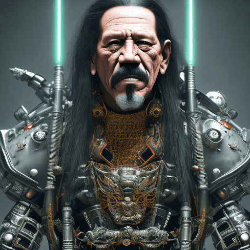 AI generated: octane render of cyberpunk danny trejo with a samurai mask on, by Tsutomu nihei, chrome silk with in...