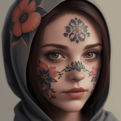 AI generated: woman with flower tattoo on her face with covered head Christian looking down realistic style 
