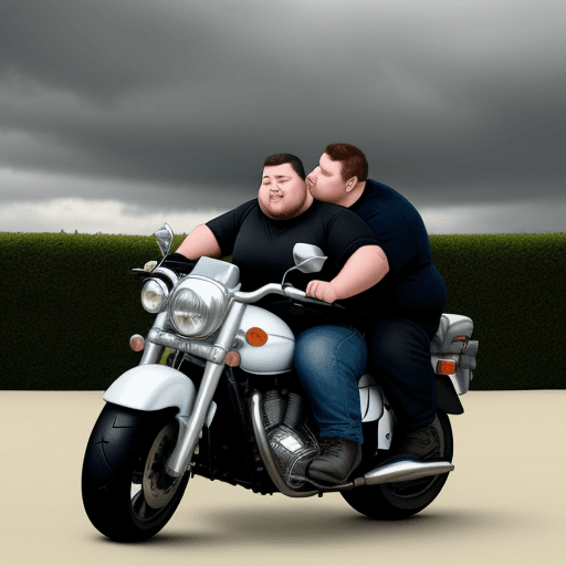 AI generated: A chubby guy on a motorbike in a cloudy sky kissing a bed boy