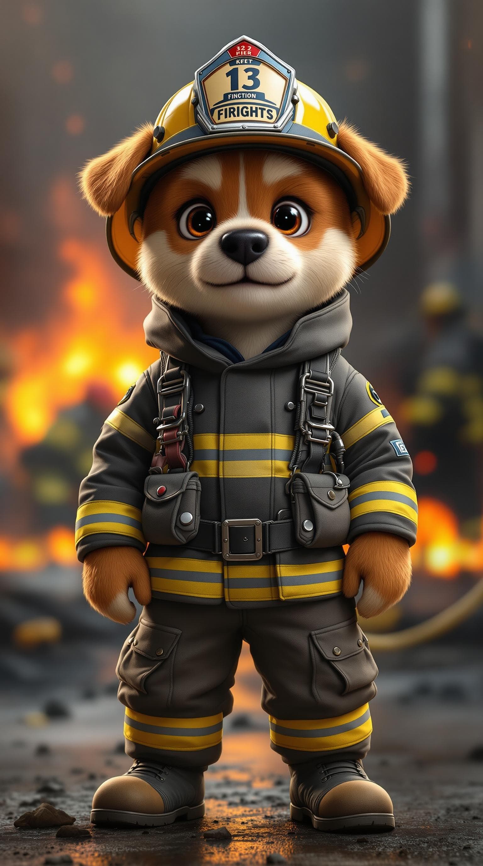AI generated: A cute firefighter dog standing like a person, dressed in a protective helmet, a durable firefighter...