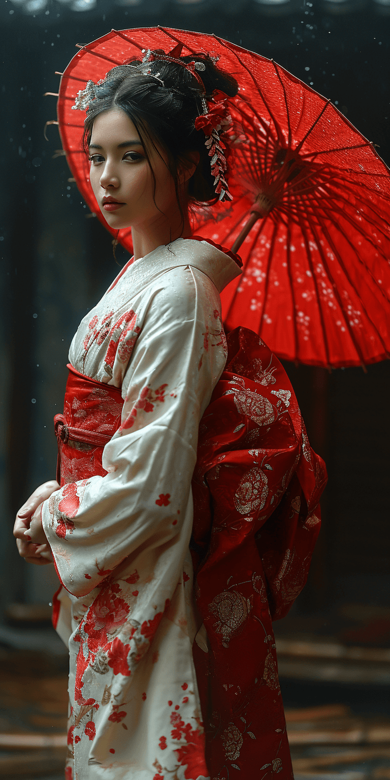 AI generated: japanesian geisha beautiful image wallpaper, in the style of joel robison, light white and dark crim...