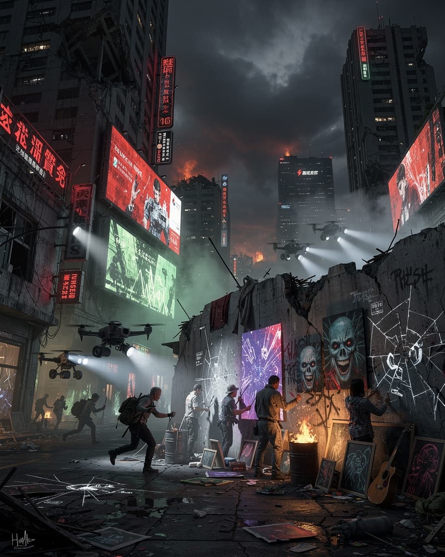 AI generated: Create a visualize vivid dystopian future, where the remnants of humanity's creativity and passion f...