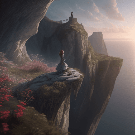 AI generated: A woman, alone on top of a cliff, where she finds herself and discovers her true calling, a characte...
