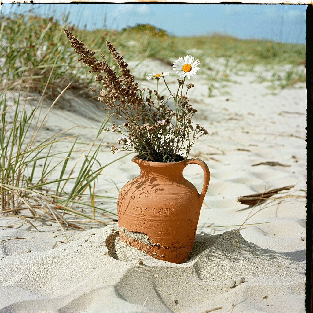 AI generated: old Photo of a terracota 
vase buried in the sand on a beach with some wild flowers in the vase. the...