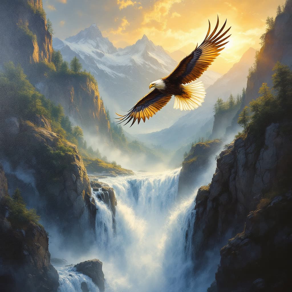 AI generated: A breathtaking and dynamic oil painting captures the fierce beauty and power of a majestic eagle soa...
