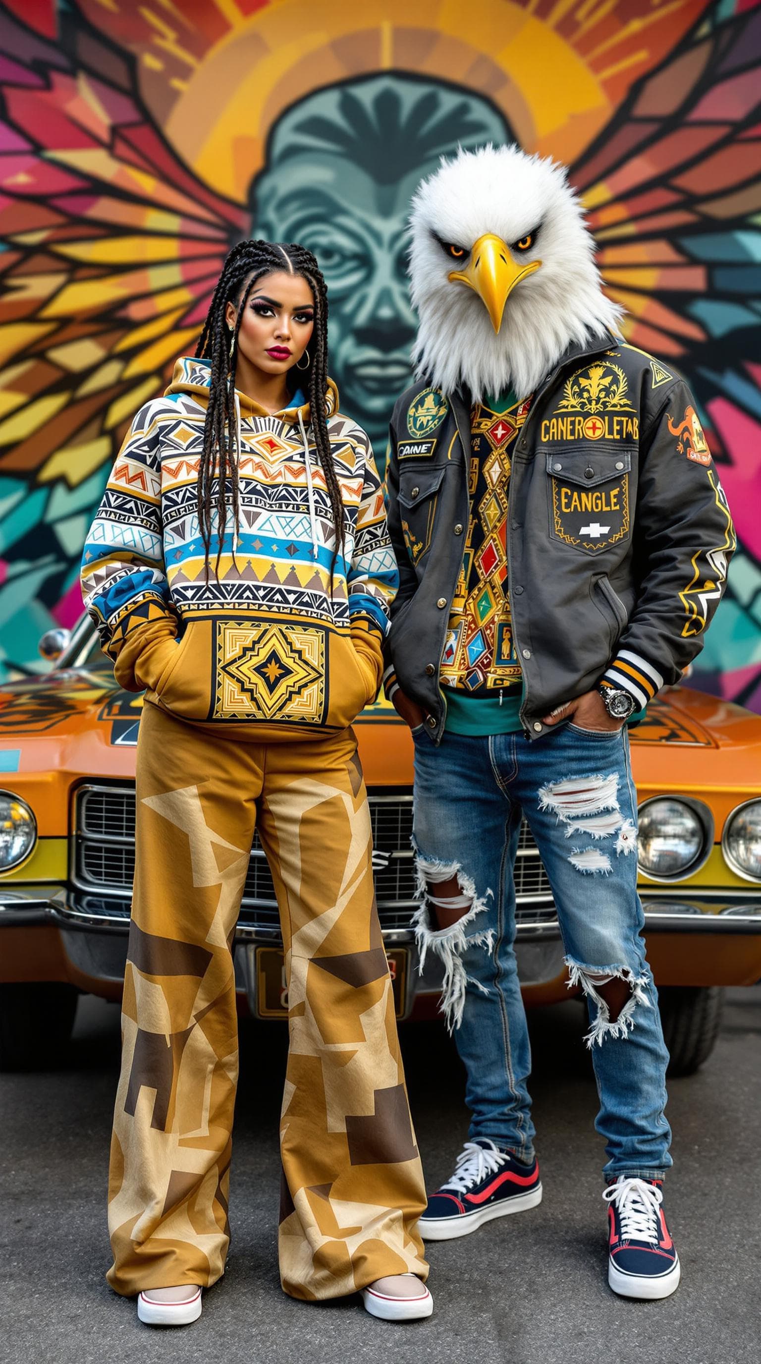 AI generated: A woman with bold makeup and braided hair, dressed in a Carla Fernández-inspired hoodie with geometr...