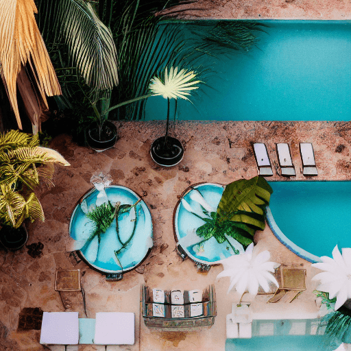 AI generated: 35mm lomo photography of a pool in the terrace of a vintage mansion, vintage furniture with martini ...