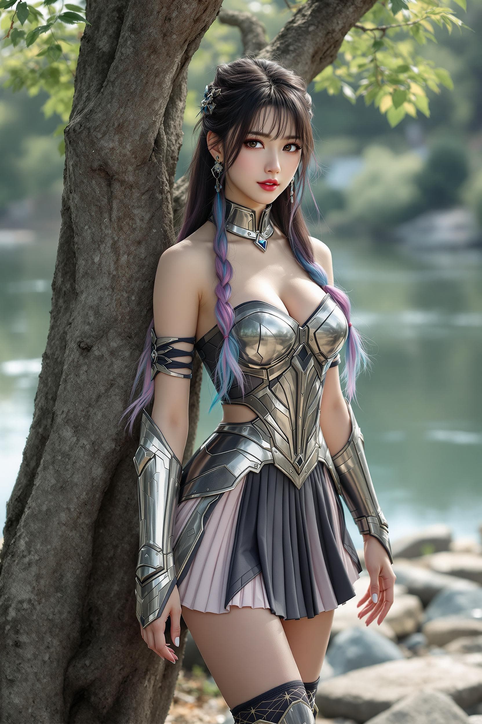 AI generated: hyperrealistic, korean girl, korean ulzzang face, a girl, beautiful, wearing a iron man armor strapl...