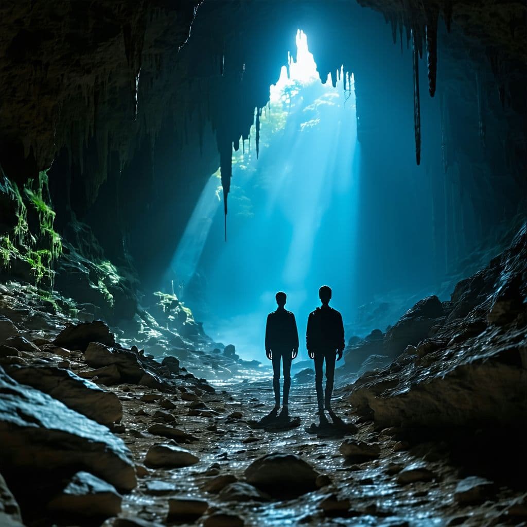 AI generated: josh barraclough, zach king in a cave, slenderman, birth, heroes, masters, low quality.