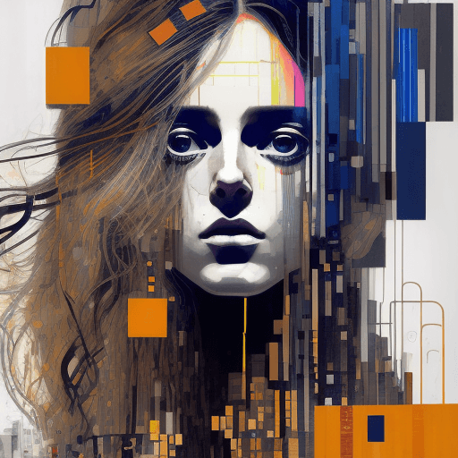 AI generated: portrait of a determined woman with long hair, gritty, digital ui, abstract blocks, by Gustav Klimt,...