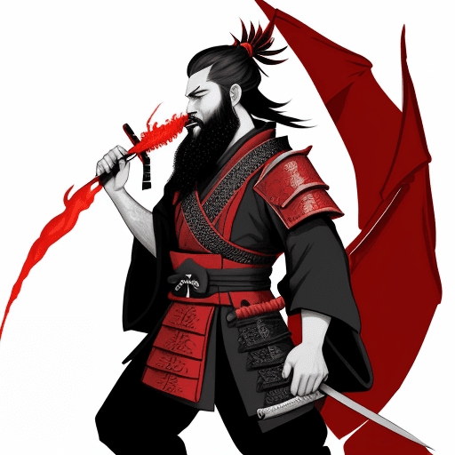 AI generated: Dragon with samurai beards, breathing fire, and holding the red<black&dark red flag.--ar 116:117 --s...