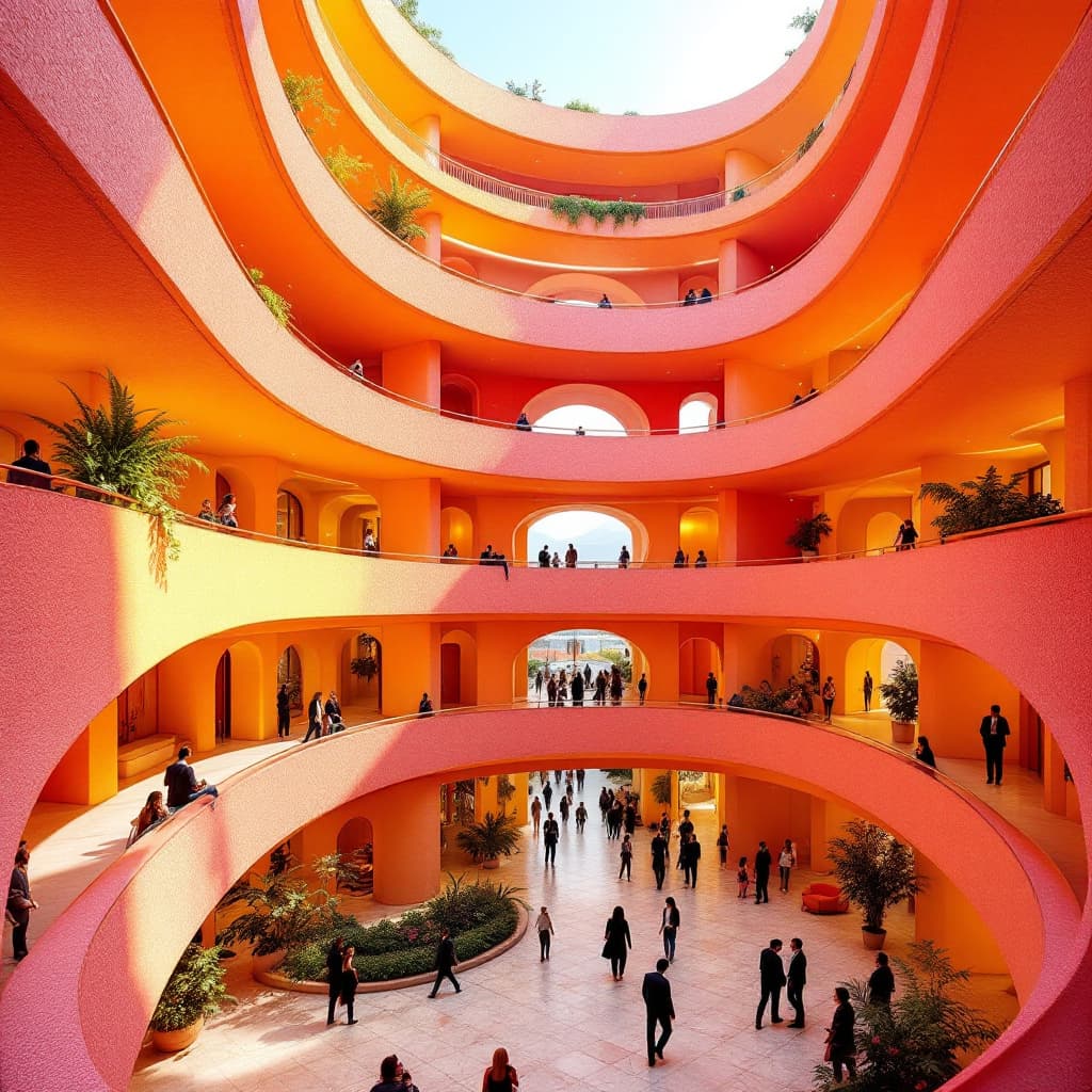 AI generated: award-wining, 5 story, vibrant color,, curved balconies, indirect sunlight,  people moving around in...
