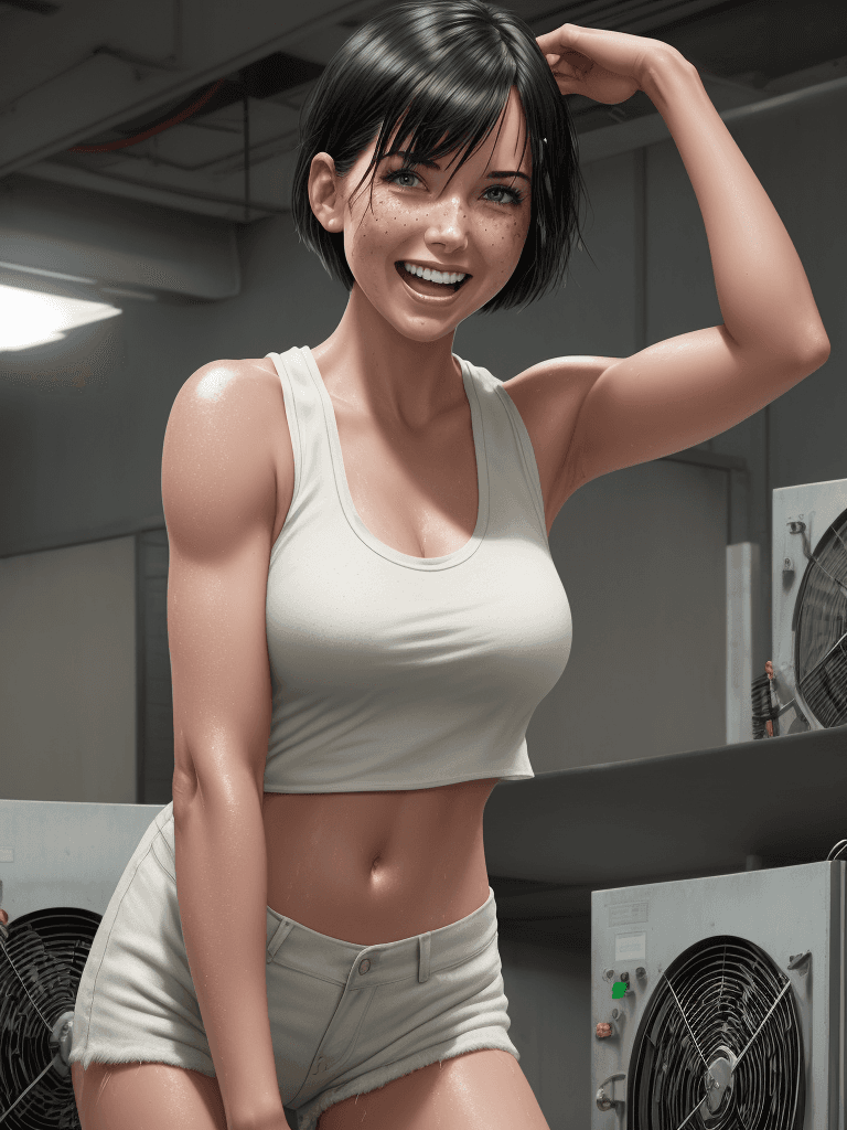 AI generated: ((Olivia Munn)) in a bitcoin mining lab, short hair with bangs, she is laughing, its hot and she is ...