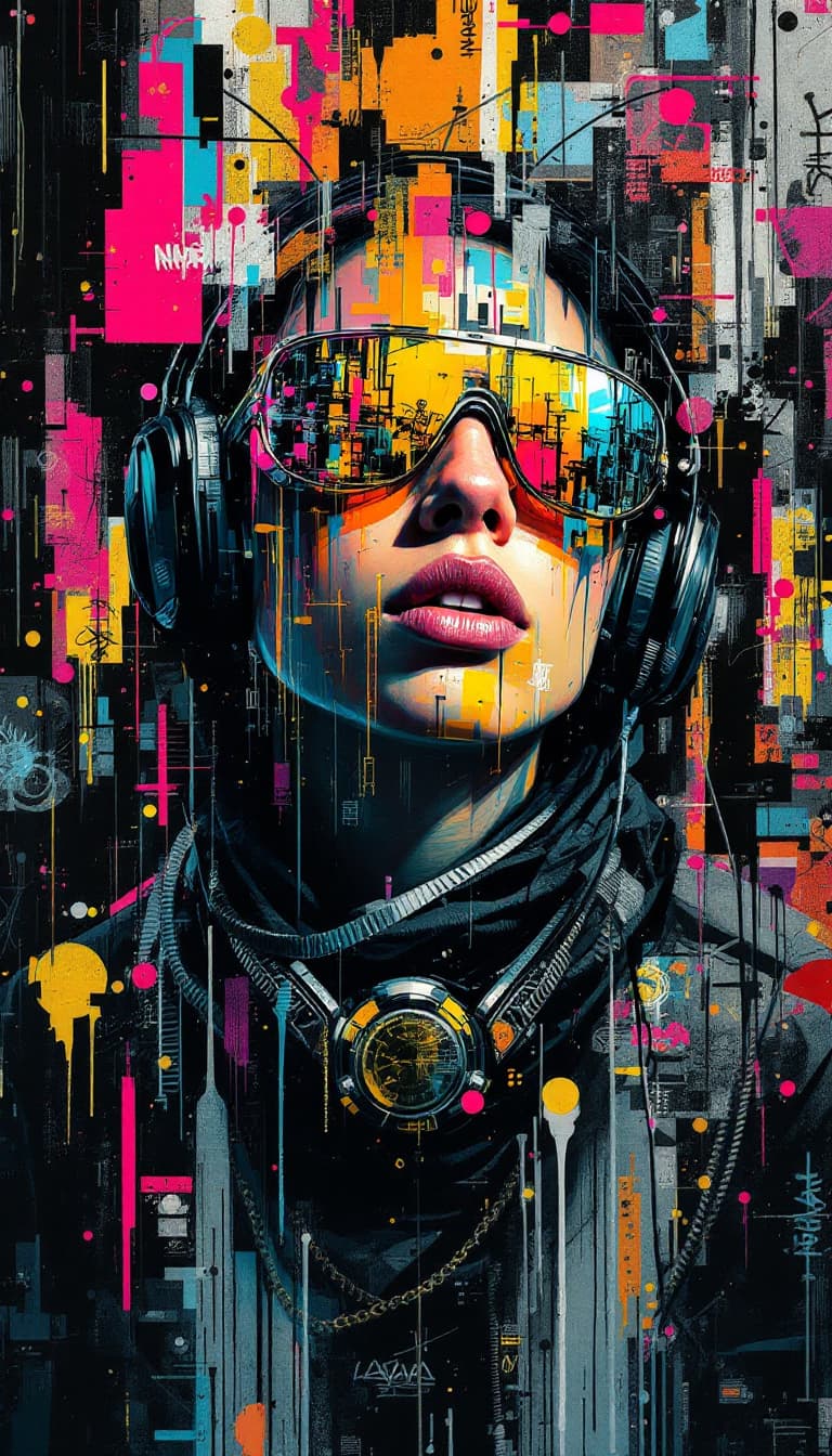 AI generated: Portrait of a futuristic cyberpunk street artist, centered, enhanced with augmented reality tech, in...