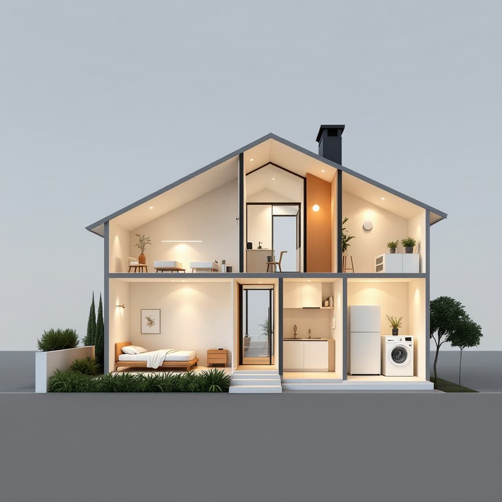 AI generated: A minimalist cross-section of a house, shown in a front-facing view. The house must include the foll...
