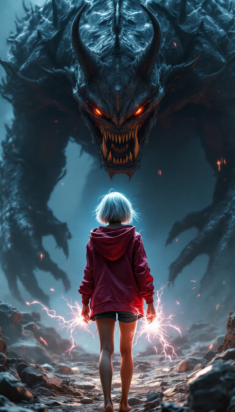 AI generated: A Girl Shining silver short hair peeking from under a stylish hooded red jacket, short jeans, barefo...