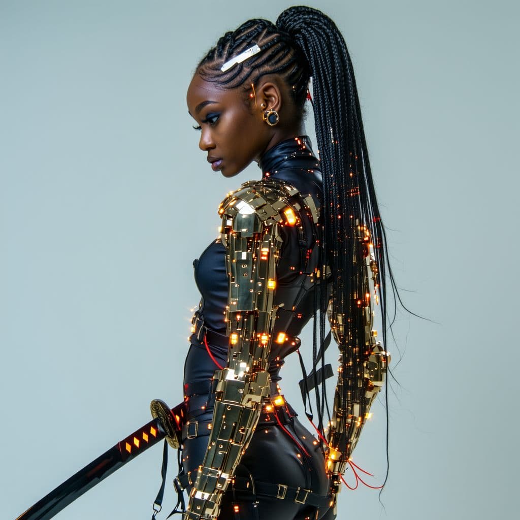AI generated: avant-garde, futuristic fashion look with a sci-fi and cyberpunk influence.  adorned in intricate ar...