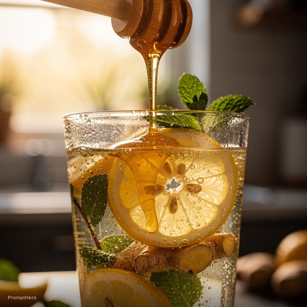AI generated: Extreme macro shot of golden honey slowly dripping into a glass of lemon detox drink with mint and g...