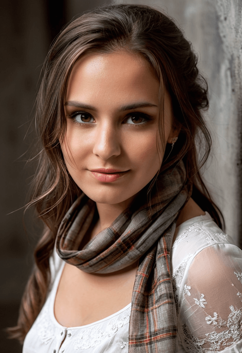 AI generated: breathtaking beautiful woman, brown eyes, long brunette hair, happy and smiling, posing in front of ...