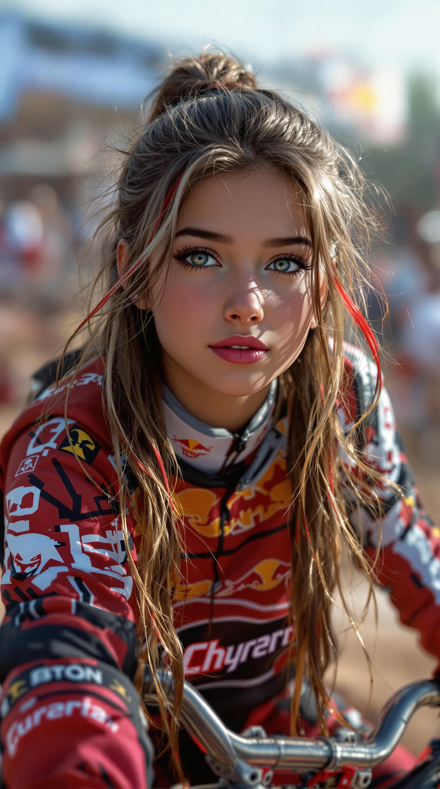 AI generated: A professional portrait of the most stunning 7th-grade girl in the world, a BMX dirt bike racer, dep...