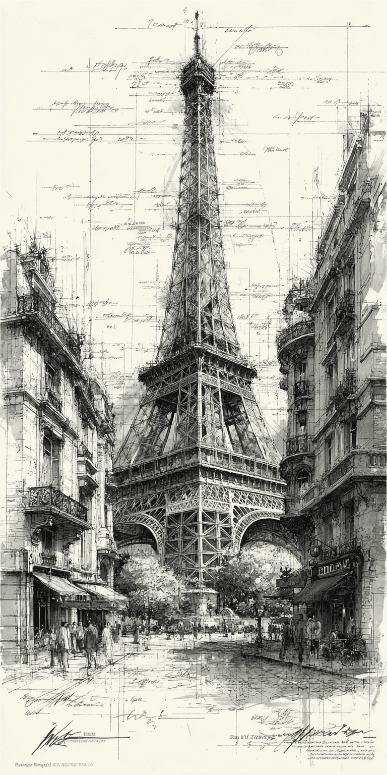 AI generated: Diagramatic drawing of the Eiffel Tower --ar 1:2 --stylize 750