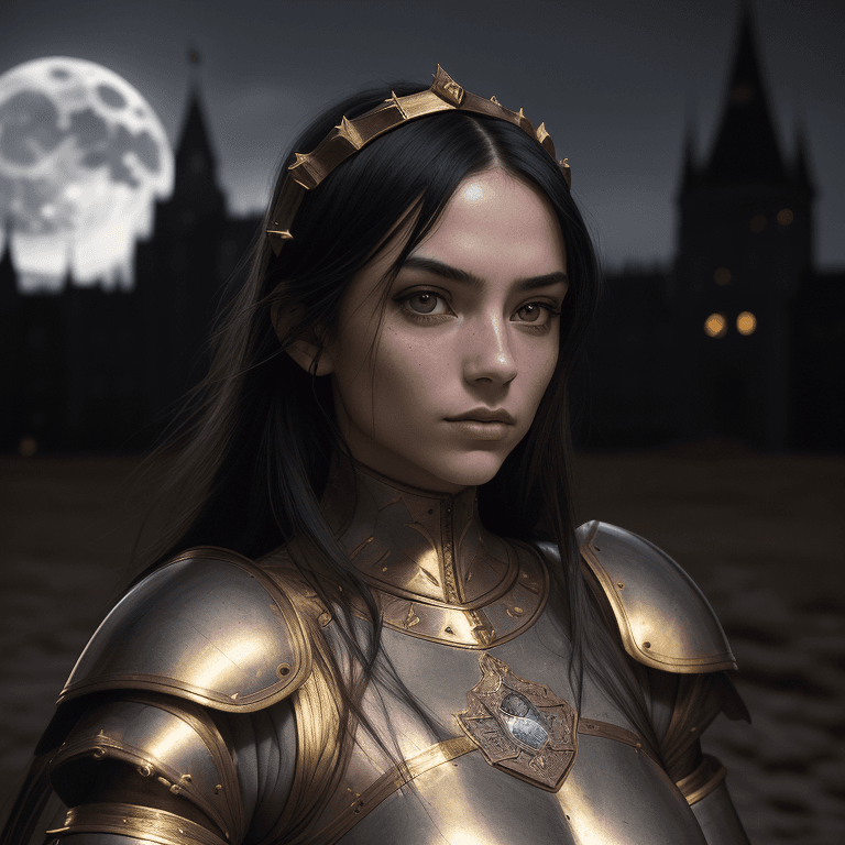 AI generated: Portrait of a girl, the most beautiful in the world, (medieval gold armor), metal reflections, upper...