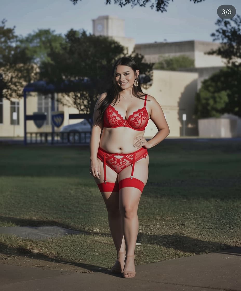 AI generated: Can you give her a tiny red victoria secret lingerie set and make her chest bigger