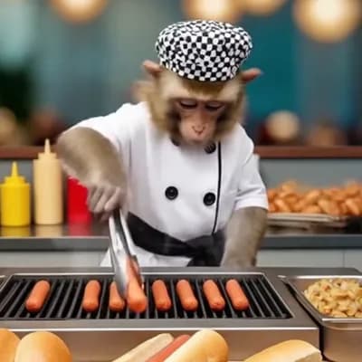 AI generated video: a monkey preparing hotdogs on a restaurant