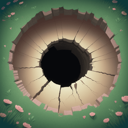 AI generated: A cute and animated style image of a deep hole with cracks, with many a field of roses flowers and g...