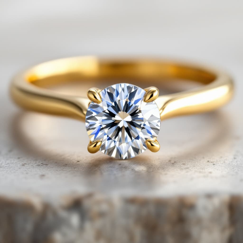AI generated: professinal product image of a yellow gold solitaire engagement ring with a round diamond set with f...