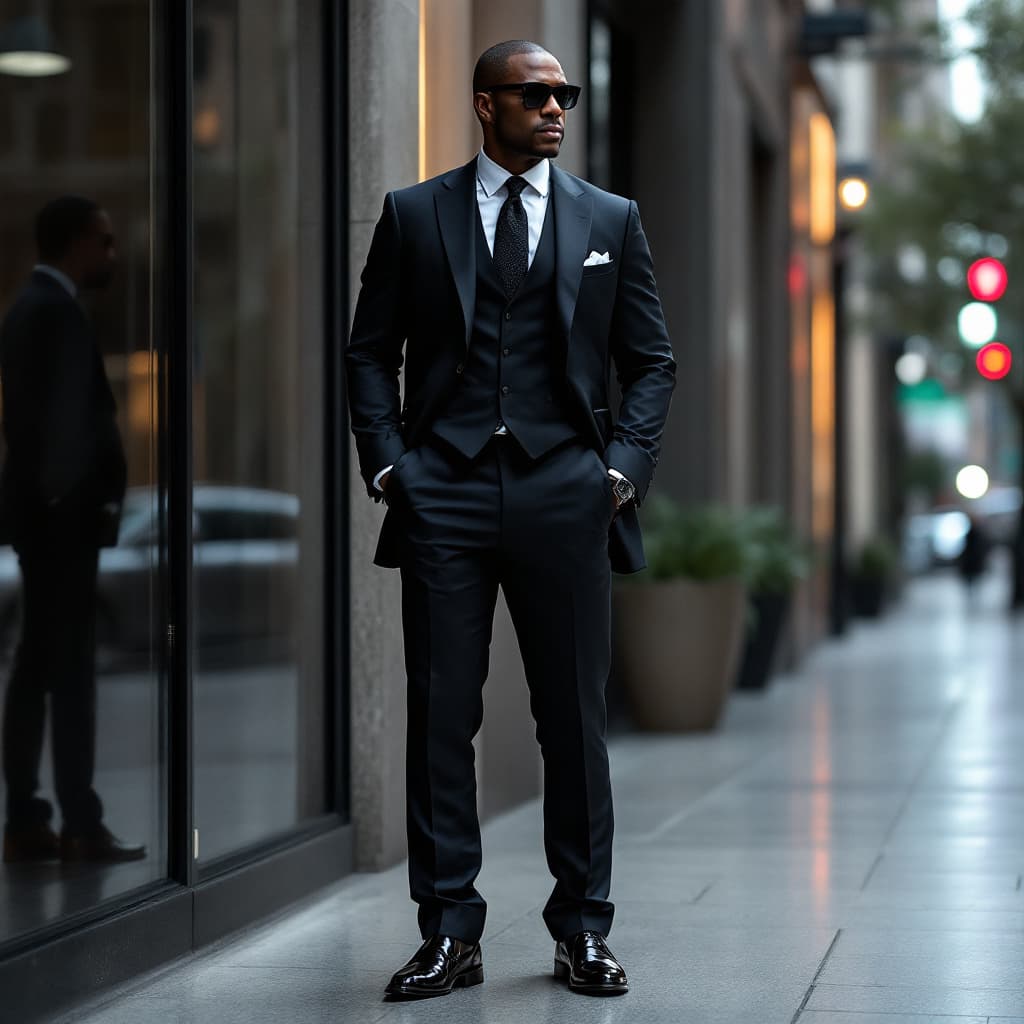 AI generated: black male  federal agent undercover dressed very well in high end designer suit and shoes, tom ford...