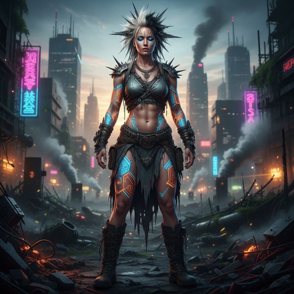 AI generated: realistic image full size body of primitive punk lady muscle scifi Jennifer Lawerance cyberpunk  pan...