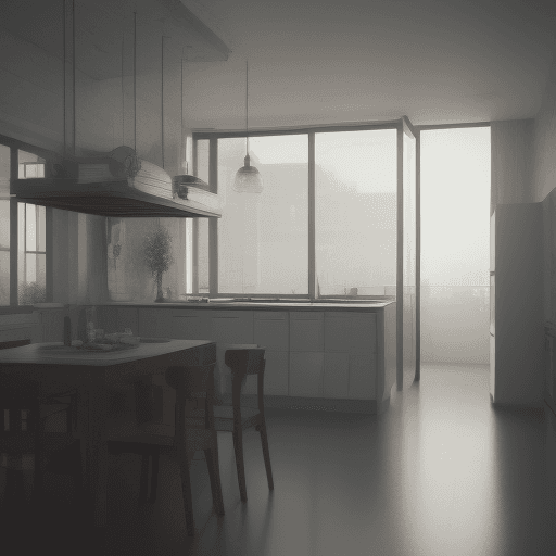 AI generated: a view of a kitchen inside an apartment, a large space with double height and large windows, next to...
