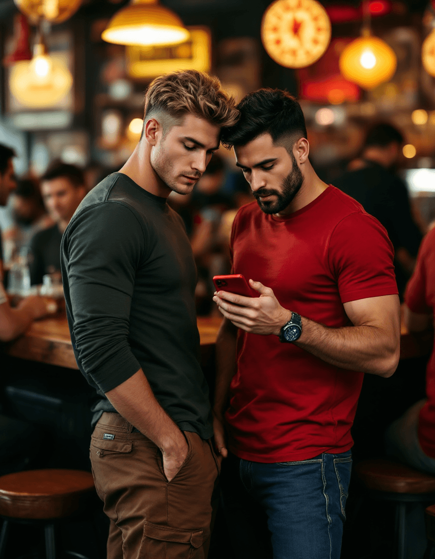 AI generated: Hyper-realistic photography of two men (Tom and Mike), standing in a crowded bar. Mike is a blond yo...