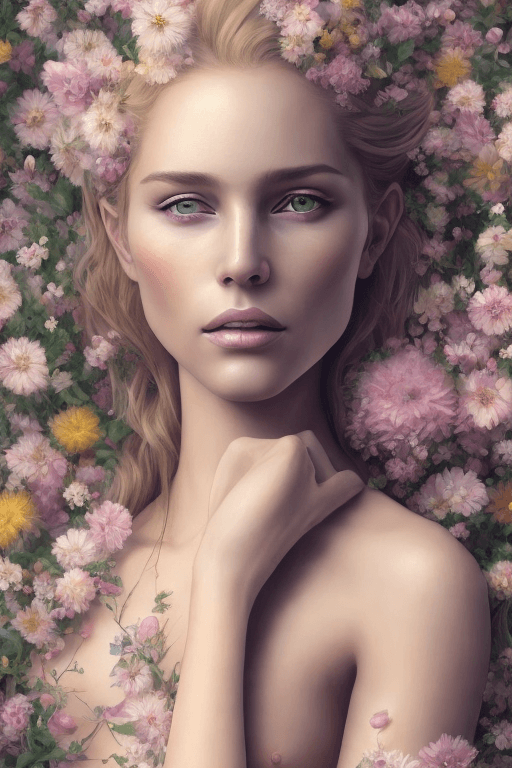 AI generated: full length portrait of a beautiful blond woman, standing in field full of flowers, detailed gorgeou...