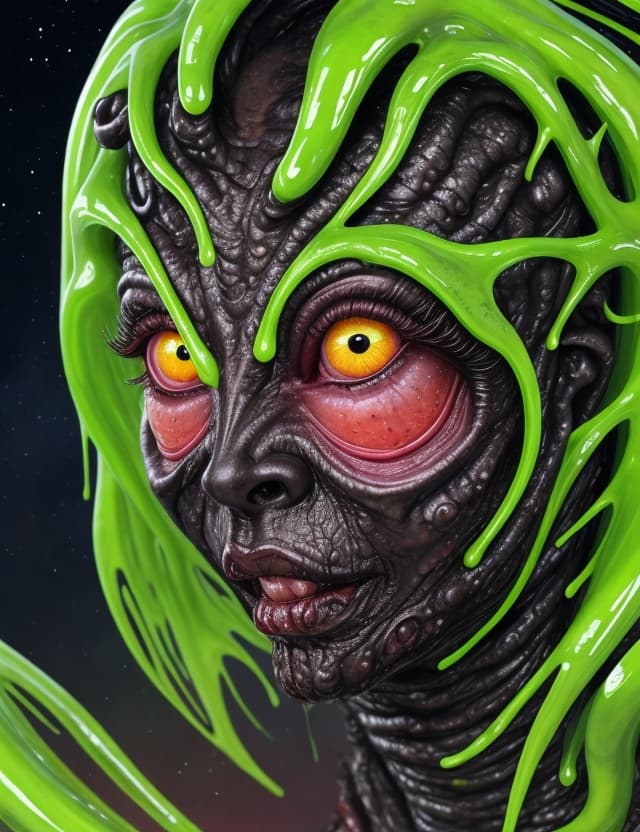 AI generated: traci lords as a horror creature from Space. terraforming. Alien Flora,  large gazing eyes, close-up...