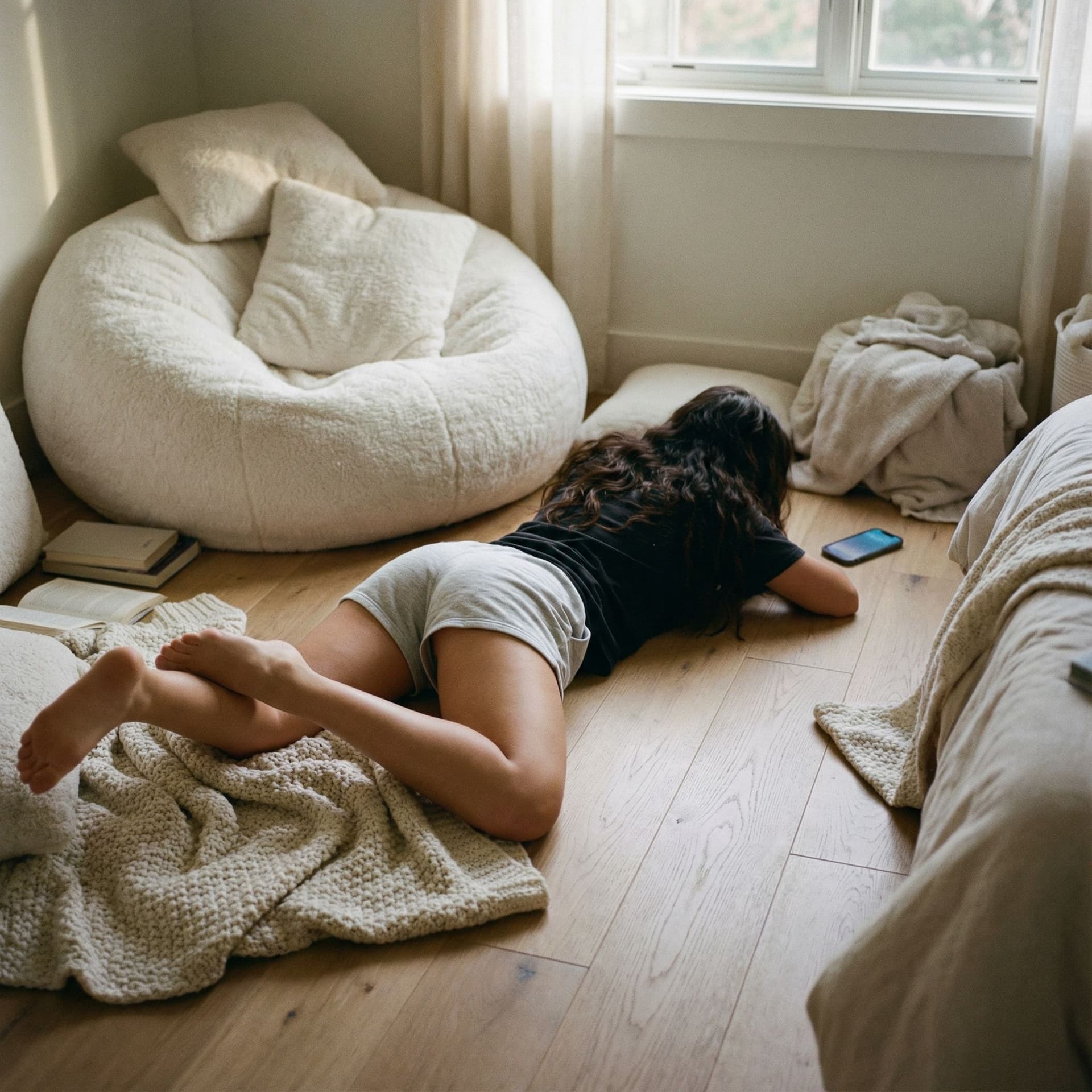 AI generated: A bright lit, cozy bedroom scene at day, featuring a young person with long dark hair lying sprawled...