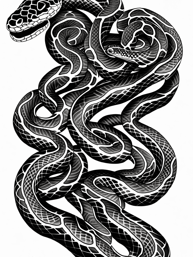 AI generated: snakes, tattoo sketch, smooth transitions, black patterns, more details, more flowers, pions, roses,...