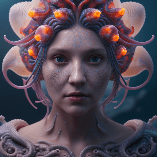 AI generated: Goddess close-up portrait ribcagel. jellyfish phoenix head, nautilus, orchid, skull, betta fish, bio...