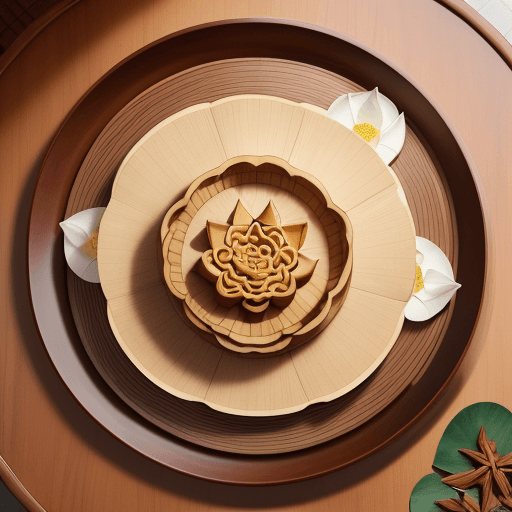 AI generated: Product photo, taken from above with a tray of moon cake ingredients. The big lotus leaf is in the m...