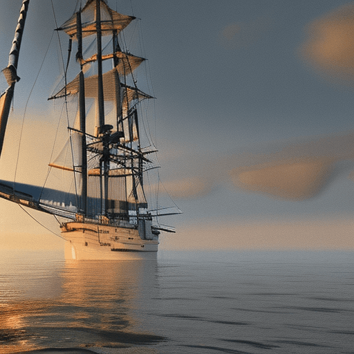 AI generated: Photo of a ultra realistic sailing ship and kat dennings, dramatic light, pale sunrise, cinematic li...