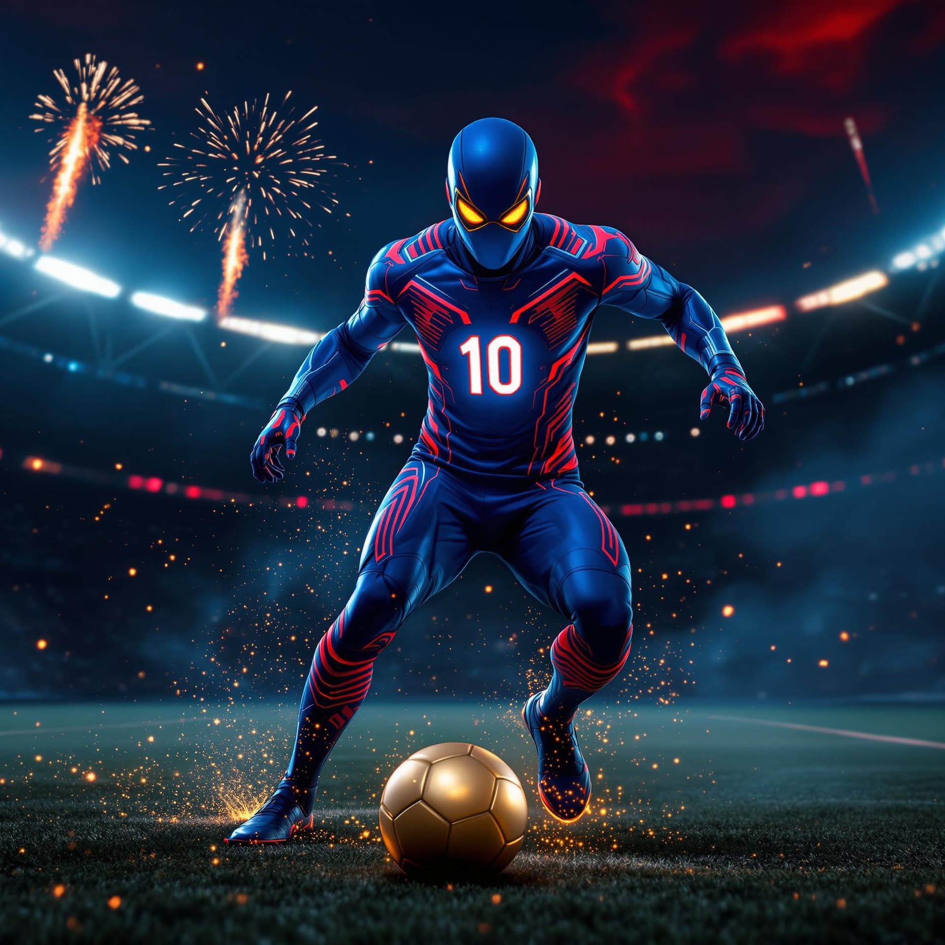 AI generated: FUTURE SOCCER PLAYER IN A TIGHT BLUE RED SUPERHERO SUIT WITH A FACE MASK AND THE NUMBER GLOWING TEN ...