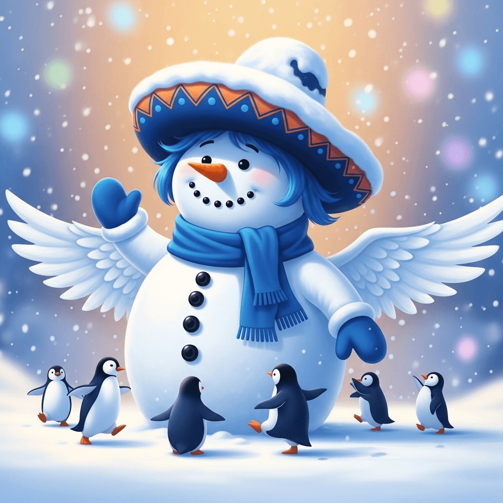 AI generated: un muñeco de nieve  con un sombrero enorme con nieve, halas , que tenga pelo azul , que tenga pierna...