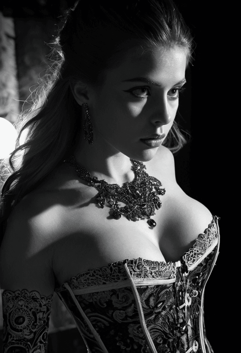 AI generated: Alien-themed A grayscale portrait of a woman with elaborate,detailed attire and a serious expression...