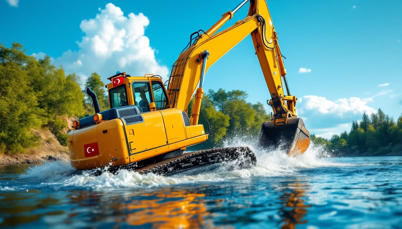 AI generated: yellow crawler excavator sinking in river about to capsize, blue sky and tall bushes on other bank, ...