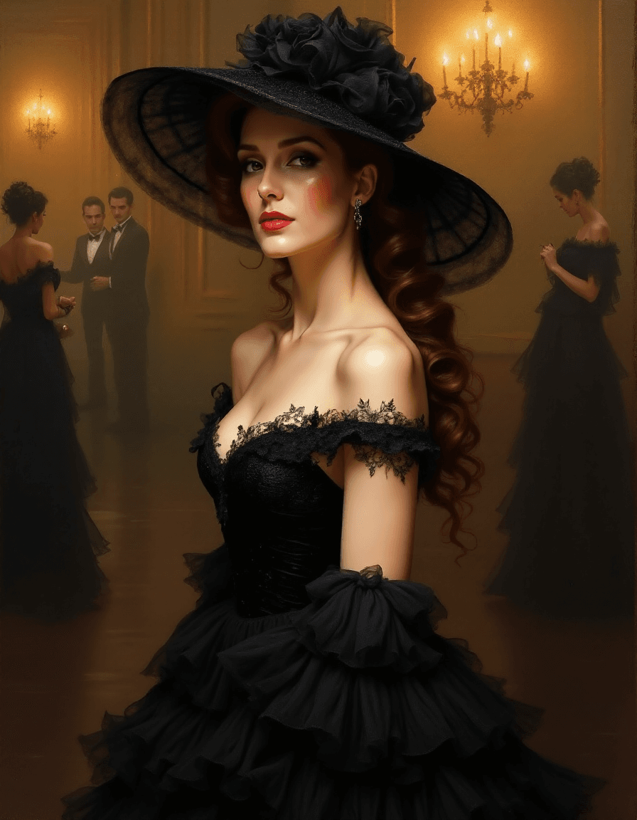 AI generated: An elegant woman in a black dress and hat at a posh gathering.