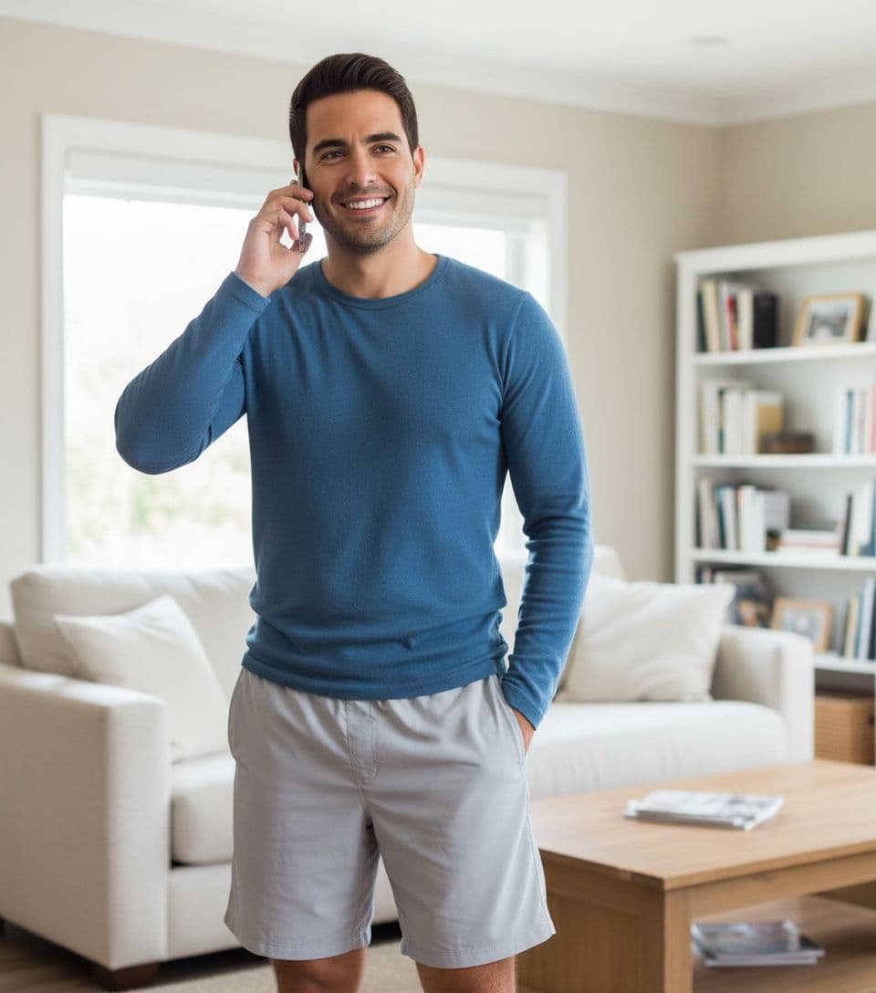 AI generated: Hispanic male guy is at home standing in his living room. He is 5'0" tall, he is on a phone call, ho...