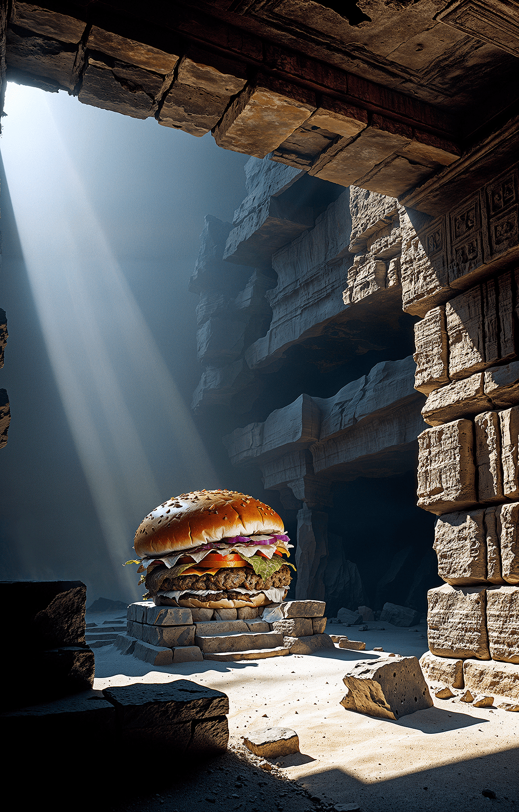 AI generated: (masterpiece Illustration, best quality) A ruined Sumerian Temple, hidden in a canyon wall , debris ...