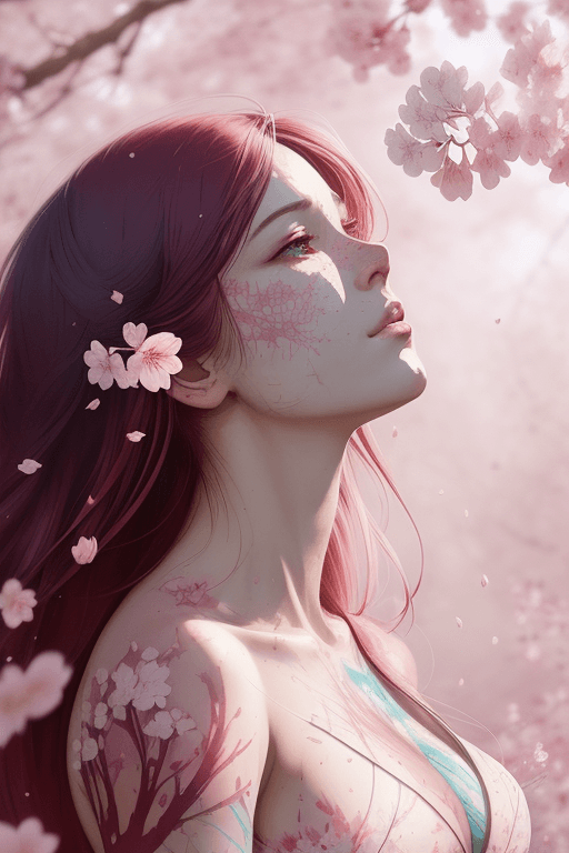 AI generated: Cherry blossoms bloom, Softly falling to the ground, Springtime's fleeting grace| dynamic pose |cent...